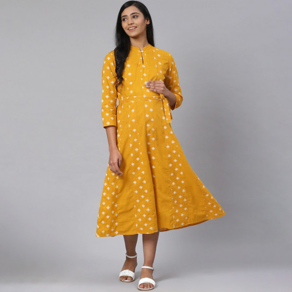 https://goldensgrove.in/products/women-mustard-yellow-off-white-printed-pure-cotton-maternity-a-line-dress